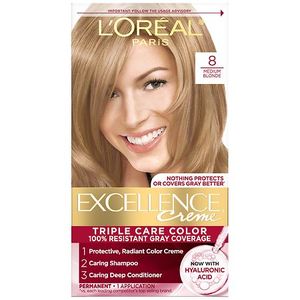 lot 59625 image: LOreal Paris Excellence Triple Protection Permanent Hair Color - 6.3 fl oz - 8 M Blonde - 1 kit (bottle #1 is half used) - Retail $12