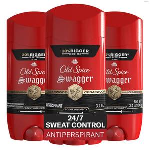 lot 59630 image: Old Spice Antiperspirant Deodorant for Men, 247 Sweat & Odor Protection, 247 Lasting Freshness, Invisible Solid, Swagger with Cedarwood Scent, 3.4 oz (Pack of 3) - Retail $27