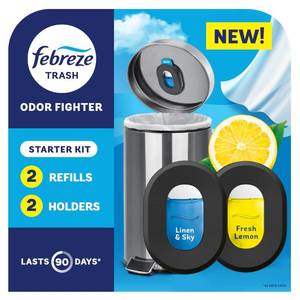 lot 59656 image: Febreze Odor Fighter, Can Air Freshener, Stick-On Deodorizer for Garbage Cans, Diaper Pails, Works with Scented Bags, Fresh Lemon and Linen & Sky Scents, 2 Holders  2 scent - Retail $12