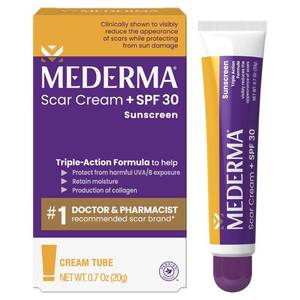 lot 59671 image: Mederma Scar Cream Plus SPF 30, Triple-Action Scar Treatment, 20g - Retail $16