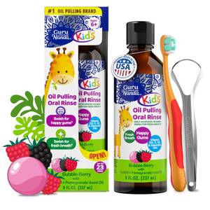 lot 59781 image: GuruNanda Kids Oil Pulling, Alcohol-Free Mouthwash, Essential Oils & Vitamins for Fresh Breath & Happy Gums for Ages 6 & up, Natural Bubble Berry, 8 Oz - Retail $13