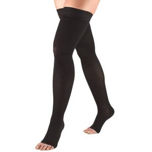 lot 59799 image: Truform 30-40 mmHg Compression Stockings for Men and Women, Thigh High Length, Dot-Top, Open Toe, Black, Medium - Retail $21