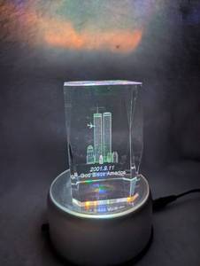 lot 2503 image: 3D Laser-Etched Crystal Cube NYC Skyline 911 with LED Base