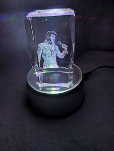 lot 2504 image: LED Crystal Cube Light with 3D Engraved Elvis Image with LED Base