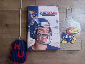 lot 4001 image: FanHeads Kansas Jayhawks KU Football Helmet, Cutting Board, Handmade Fly Swatter