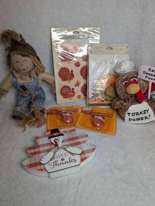 lot 4549 image: Thanksgiving Decorations Lot - Scarecrow Doll, Turkey Plush, Pins, Stickers, Invitations