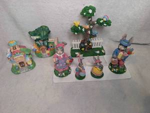 lot 4579 image: Ceramic Bunny Figurine Collection 7-Piece Set with Tree and Schoolhouse