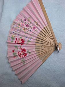 lot 5501 image: Folding Hand Fan Pink Fabric Floral Print Wood Ribs