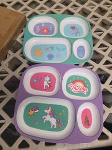 lot 549 image: 4Es Novelty 2 Melamine Dinner Plate for Kids Girls, Plastic Mealtime Divided Plates, Dinnerware Dishes Set For Toddlers Picky Eaters, BPA Free - Retail $20