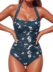 lot 578 image: Smismivo Tummy Control Swimwear Halter One Piece Slimming Vintage Retro Swimsuit Womens Ruched Push Up Bathing Suit Large - Retail $34