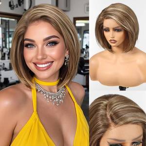 lot 586 image: HAIRCUBE Mixed Brown Synthetic Lace Front Wig, 10 Inch Layered Glueless Bob Wig, Natural Density Hairline Wigs for Women Daily Use - Retail $50