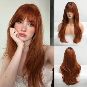 lot 635 image: HAIRCUBE Long Auburn Wig with Bangs Layered Curly Orange Wigs for Women Natural Synthetic Wigs for Daily Use (pelucas de cabello natural) - Retail $29