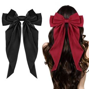 lot 639 image: Ambesi Big Bow Hair Accessories 2pcs - Long Tail French Satin Silky Barrettes for Women and Girls, Black, Burgundy, Red Bows for Birthday, Party, Show, Christmas - Retail $8