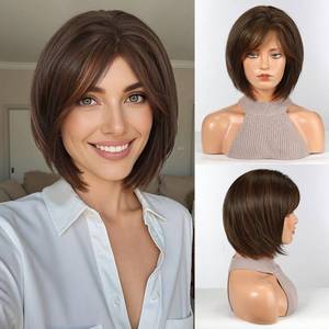 lot 642 image: HAIRCUBE Bob Wigs for Women Synthetic Wig with Fringe Brown with highlight Color - Retail $9