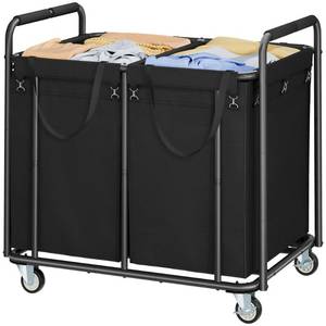 lot 651 image: Tajsoon 2-Section Heavy Duty Laundry Sorter Cart with Wheels 450L, Black - Retail $72