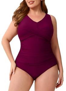 lot 652 image: Halcurt Womens Plus Size 1 Piece Twist Front Retro Swimsuit Burgundy 4X - Retail $34