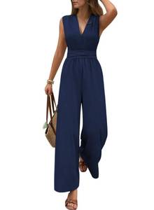 lot 653 image: Pink Queen Jumpsuits for Women Dressy Sleeveless V Neck Wide Leg Pants Romper Casual Vacation Outfits Large - Retail $20