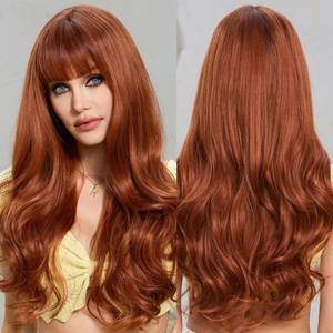 lot 664 image: HAIRCUBE Orange Synthetic Womens Wig Layered Wigs with Bangs Long Wavy Heat Resistant Natural Wigs - Retail $20