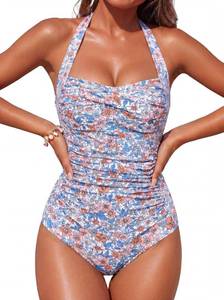 lot 665 image: Smismivo Tummy Control Swimsuit Halter One Piece Slimming Vintage Retro Plus Size Bathing Suit Womens Ruched Push Up Swimwear for Teen Blue Floral XL - Retail $35