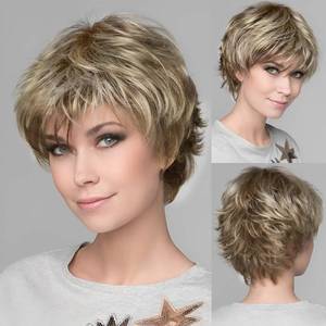 lot 681 image: HAIRCUBE Human-hair Like Texture Blonde Mixed Off-white Short Pixie Cut Wigs for Women with Bangs Synthetic Replacement Wigs - Retail $60