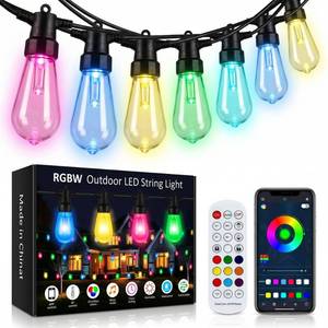 lot 684 image: Smart RGB Outdoor String Lights, Color Changing Patio Lights with 21-Key RF Remote and Bluetooth App, IP65 Waterproof Music Sync LED Hanging Lights for Backyard Party Holiday Decor, 50FT (20 Bulbs) - Retail $70