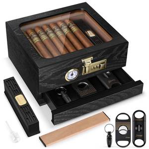 lot 689 image: Tesonway Cigar Humidor, Cedar Wood Humidor Cigar Box, Glass Top Desktop Humidor with Front Hygrometer, Humidifier, Divider, Accessories Drawer and Combination Lock, Cigar Gifts for Men (Black) - Retail $36