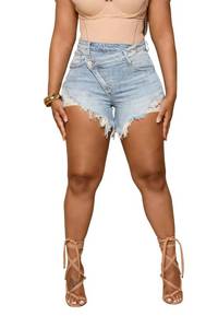 lot 699 image: PINSV Womens High Waisted Crossover Jean Shorts Ripped Raw Hem Summer Hot Denim Shorts Grayish Blue M - Retail $26