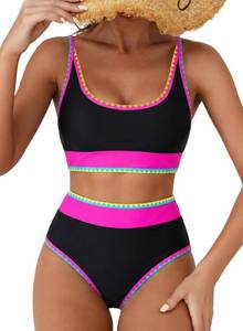 lot 702 image: Herseas Womens Black Color Block Bikini Set Shell Stitch Sexy Swim Suits L - Retail $40