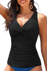 lot 704 image: Tummy Control Tankini Top Only - Women Twist V Neck Swim Tops Criss Cross Swimsuit Bathing Suit Top 2025 Black XXL - Retail $25