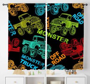 lot 720 image: AAVEUP Racing Curtains,Cool Monster Cartoon Truck Car Colorful Race Theme Windows Treatments Rod Pocket Drapes for Boys Kids Teenage Living Room Bedroom 42x45in (No Blackout) - Retail $16