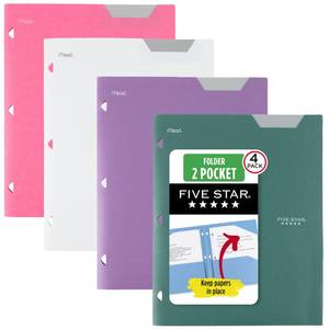 lot 740 image: Five Star 2-Pocket Plastic Folder with Stay-Put Tabs, Fits 3-Ring Binder, Holds 8.5 x 11 Paper, Assorted Colors, 4 Pack (333420B) - Retail $10