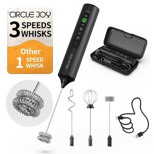 lot 741 image: CIRCLE JOY Rechargeable Handheld Milk Frother Wand with 3 Variable Speeds, 3 Whisks and Storage Box, Electric Drink Mixer for Latte, Cappuccino, Hot Chocolate, Eggs and Protein Powder, Black - Retail $20