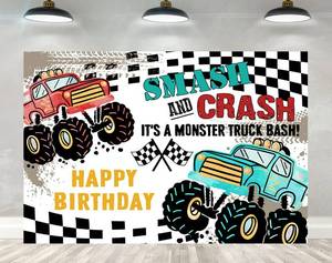 lot 756 image: Ticuenicoa Monster Truck Birthday Backdrop - 5x3ft Flame Design Photo Booth Background for Boys, Kids Party Decorations Banner & Props Supplies - Retail $10