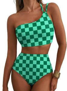 lot 802 image: Herseas Womens Removable Padded High Rise Swim Suits Green Checkered L - Retail $30