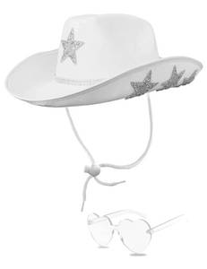 lot 807 image: YBHOMINE White Cowgirl Hat with Heart Sunglasses - Cowboy Hat with Glitter Star Fits Women for Bachelorette Themed Party(Glitter Star) - Retail $18