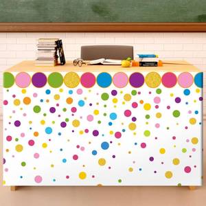 lot 818 image: 9FT Confetti Polka Dots Table Skirt Teacher Desk Skirt Classroom Table Cover for Back to School Decor Classroom Tables Cloths for First Day of School Supplies Office Bookcase Cabinet Decorations - Retail $1,706