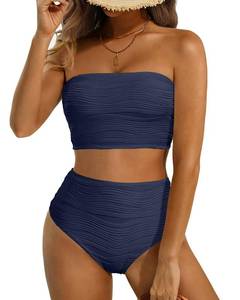 lot 824 image: High Waisted Bandeau Bikini Set - Ribbed Strapless Two Piece Swimsuit Medium - Retail $31