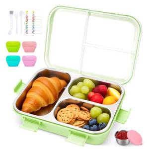 lot 837 image: Erreloda Stainless Steel Lunch Box for Kids, Durable Bento Box Containers with 3 Compartments, Leakproof Lock & Portable Utensil Set, Office, Picnics, Travel, Freezer&Dishwasher Safe, Green - Retail $20
