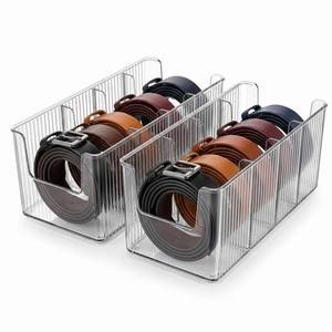 lot 867 image: UniBeBri Acrylic Belt Organizer, 2 Pack Clear Belt Storage Box with 4 Adjustable Compartments, Stackable Durable Acrylic Belt Holder, Anti-Scratch Belt Display Case for Closet and Drawer Organization - Retail $23