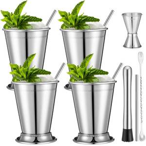 lot 884 image: Ferrochef 4 Set Mint Julep Cup Set 12oz Silver Stainless Steel Cups with Straws Muddler Jigger and Mixing Spoon, Derby Cocktail Bar Kit Gift for Party Bar Home - Retail $33