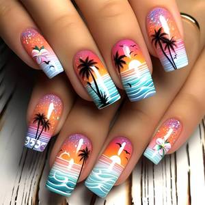 lot 889 image: LWTZLW Summer Press on Nails Medium Square False Nails Coconut Tree Full Cover Glue ons Nail Seaside Short Coffin Acrylic Fake Nails Glossy Artificial Colo Nail Reusable for Women - Retail $5