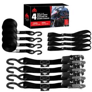 lot 892 image: Jack Boss Ratchet Tie Down Straps Set,1500 lbs Break Strength, 1 x 15 Heavy Duty Ratchet Straps with 4X Soft Loops Padded Handles Coated S Hook, Fits for Moving Appliances Motorcycle ATV Truck,Black - Retail $20