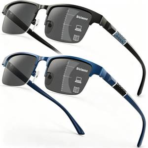 lot 902 image: DEHOTRE 2 Pack Progressive Multifocus Reading Sunglasses Men Semi Rimless Stainless Steel Frame TR90 Temple No Line Bifocal Sun Readers UV400 Protection Black & Blue 1.00 - Retail $24