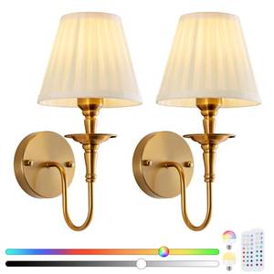 lot 927 image: EIDISUNY Vintage Wall Sconces, Wireless Wall Sconce Set of 2 with RGB Rechargeable Dimmable Bulbs, Brass-Color Battery Operated Wall Sconce with Remote for Bedroom, Living Room, Hallway - Retail $57