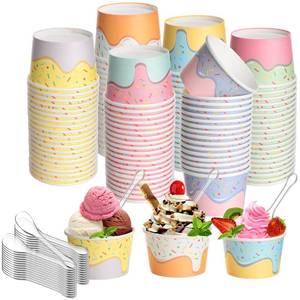 lot 938 image: Boao 100 Set 5 oz Ice Cream Cups with Spoons Disposable Paper Sundae Dessert Bowls Summer Party Supplies (Confetti Style) - Retail $24