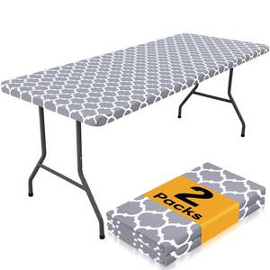 lot 950 image: Smiry 2 Pack Rectangle Table Cloth 6 Foot, Waterproof Elastic Fitted Tablecloths, Windproof Washable Polyester Table Cover for Picnic, Camping, Outdoor (Grey, 36x72) - Retail $23