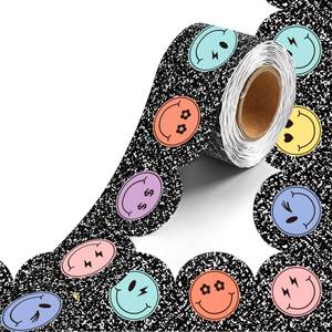 lot 968 image: 50ft Composition Bulletin Board Borders, Happy Face Scalloped Rolled Border Trim Wavy Line Board Borders Trim for Classroom, Home, Office & Back-to-School DIY Wall Decor, Black and White - Retail $7