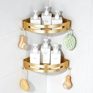 lot 985 image: Hoinerus Brushed Gold Color 2 Packed Bathroom Shelves Shower Corner Caddy Organizer Shampoo Holder,Adhesive or Drilling - Retail $47
