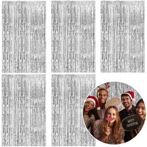 lot 990 image: 5 Pack Foil Curtain Backdrop Silver Metallic Tinsel Foil Fringe Curtains Photo Booth Props for Birthday Wedding Engagement Baby Shower Bachelorette Christmas Holiday Celebration Party Decorations - Retail $16