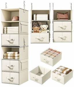 lot 1024 image: 6-Shelf Hanging Closet Organizer with 3 Drawers, 2-in-1 Design, Beige - Retail $32